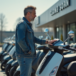 Homme de 40 ans inspectant un maxiscooter neuf en extérieur