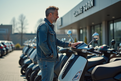 Homme de 40 ans inspectant un maxiscooter neuf en extérieur