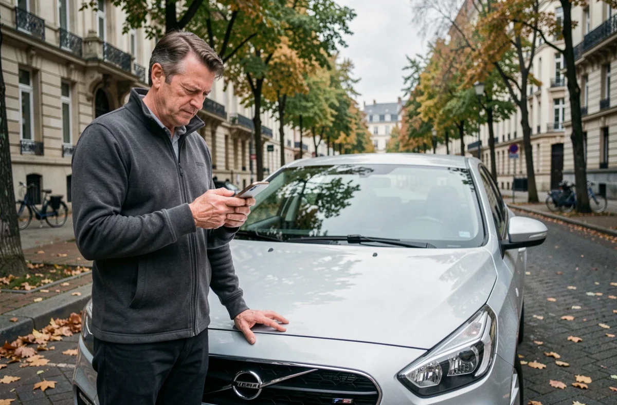 Homme inspectant sa voiture garée dans une rue de Rennes avant de souscrire une assurance auto