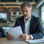 Homme d'âge moyen lisant une brochure automobile dans un showroom