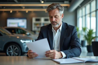 Homme d'âge moyen lisant une brochure automobile dans un showroom