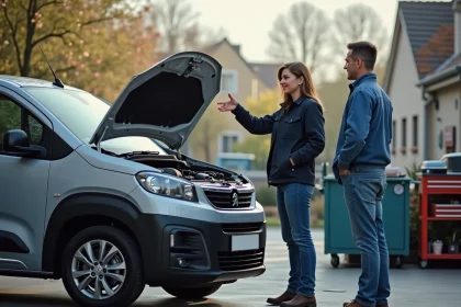Homme d'âge moyen devant une Peugeot Partner Tepee en atelier