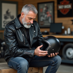 Homme d'âge moyen examinant son casque de moto classique