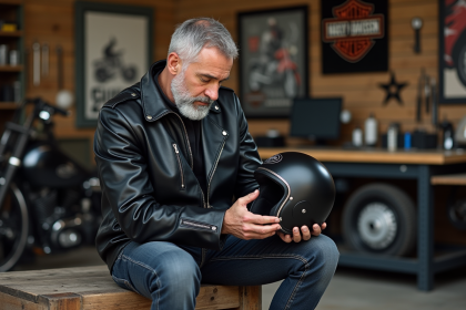 Homme d'âge moyen examinant son casque de moto classique