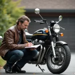 Homme vérifiant le niveau de carburant de sa moto Kawasaki