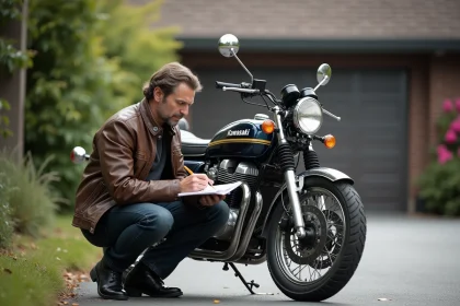 Homme vérifiant le niveau de carburant de sa moto Kawasaki