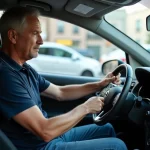 Homme d'âge moyen nettoie le tableau de bord de sa voiture