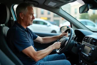 Homme d'âge moyen nettoie le tableau de bord de sa voiture