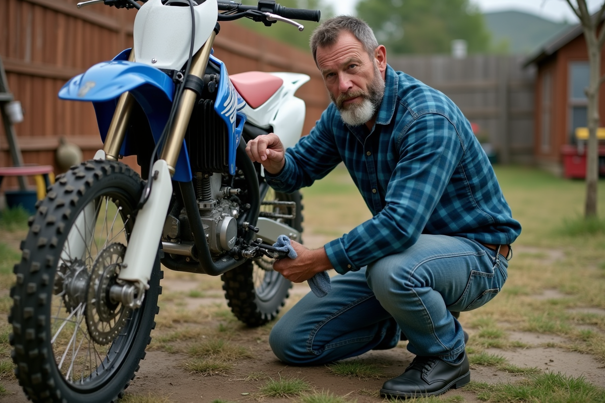 Homme d'âge moyen nettoyant la chaîne d'un dirt bike en extérieur