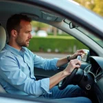 Homme en voiture Peugeot 206 ajuste le tableau de bord