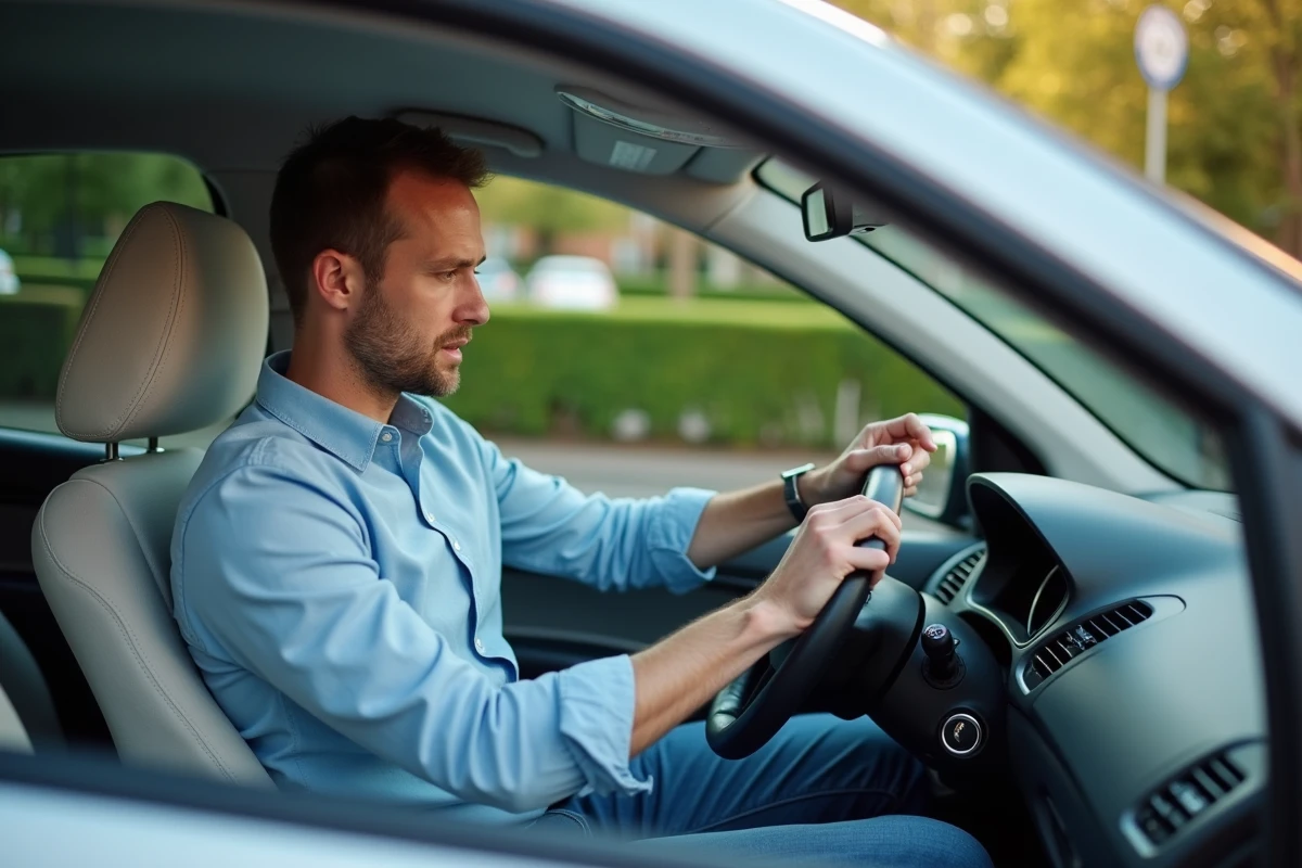 Homme en voiture Peugeot 206 ajuste le tableau de bord