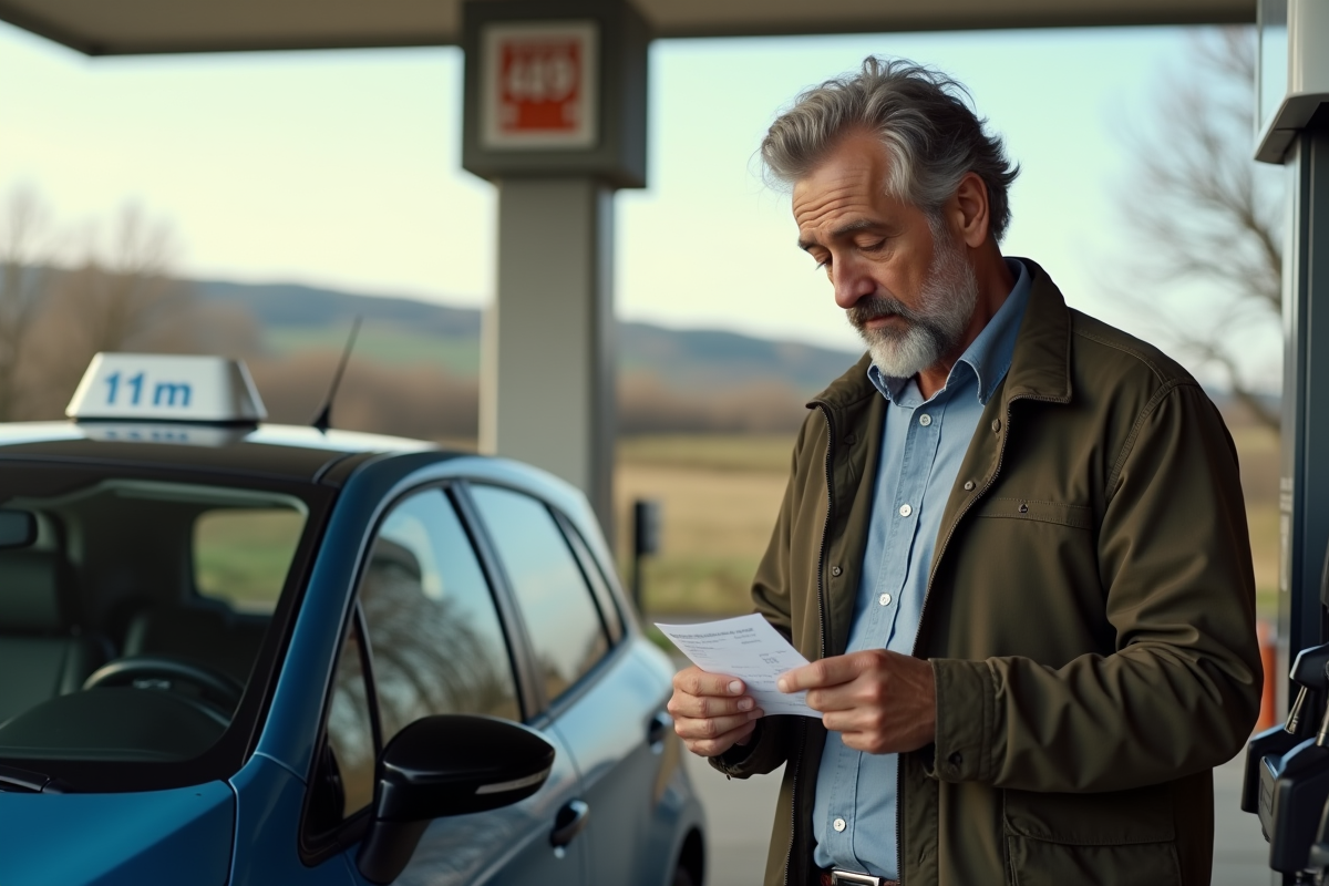 Homme vérifiant reçu à la station essence rurale