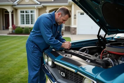 Homme en bleu répare une voiture ancienne dans la cour