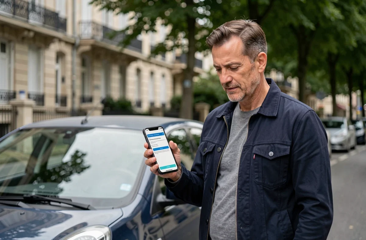 Homme consultant une demande de résiliation d'assurance auto sur son téléphone