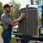 Hommes en overalls polissant une grille de Kenworth W900a