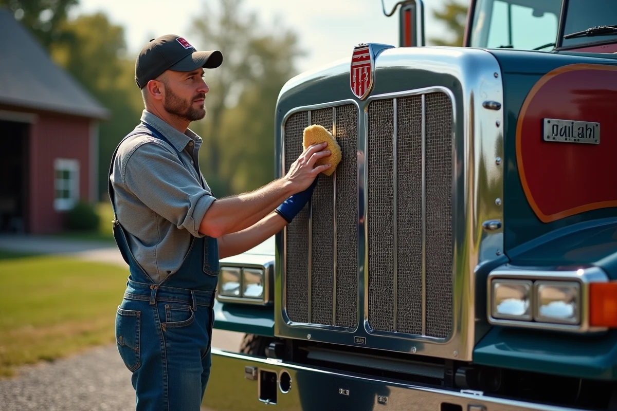 Hommes en overalls polissant une grille de Kenworth W900a