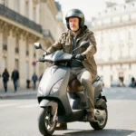 Homme en scooter 3 roues garé dans une rue urbaine française, illustrant l'assurance scooter 3 roues