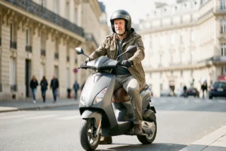 Homme en scooter 3 roues garé dans une rue urbaine française, illustrant l'assurance scooter 3 roues