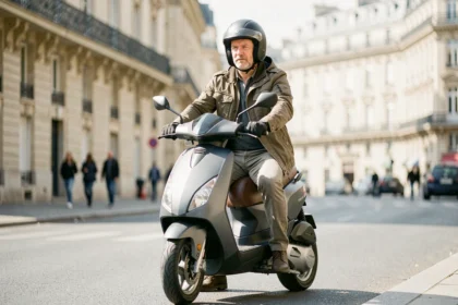 Homme en scooter 3 roues garé dans une rue urbaine française, illustrant l'assurance scooter 3 roues