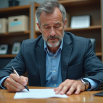 Homme d'âge moyen signant des papiers dans un bureau administratif