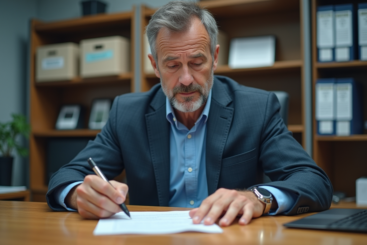 Homme d'âge moyen signant des papiers dans un bureau administratif