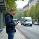 Homme d'âge moyen sur la Route de Thonon regardant son smartphone