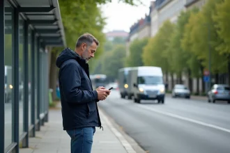 Homme d'âge moyen sur la Route de Thonon regardant son smartphone