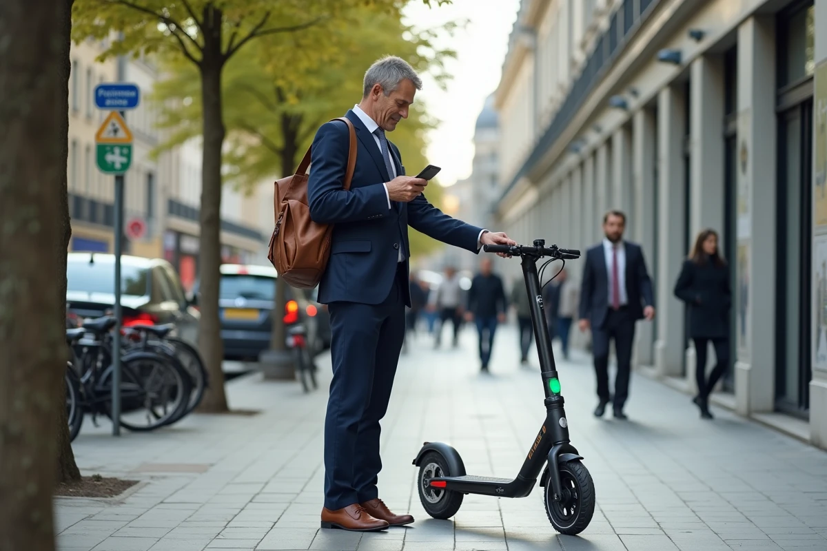 Homme d affaires déverrouillant un scooter électrique en ville