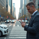 Homme d'affaires regardant son smartphone au bord de la rue urbaine