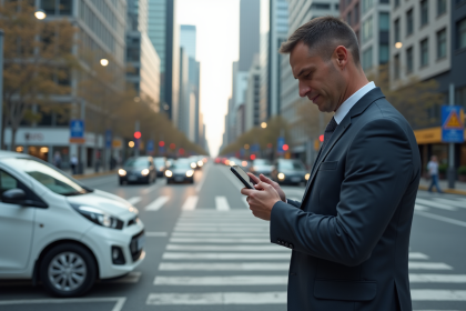 Homme d'affaires regardant son smartphone au bord de la rue urbaine