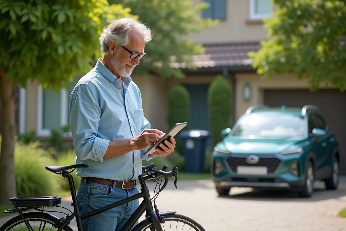 Homme vérifiant un guide écologique près de son vélo