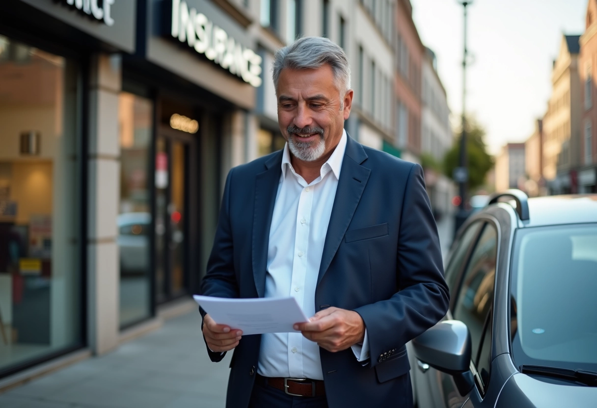 Homme en costume vérifiant ses documents devant sa voiture