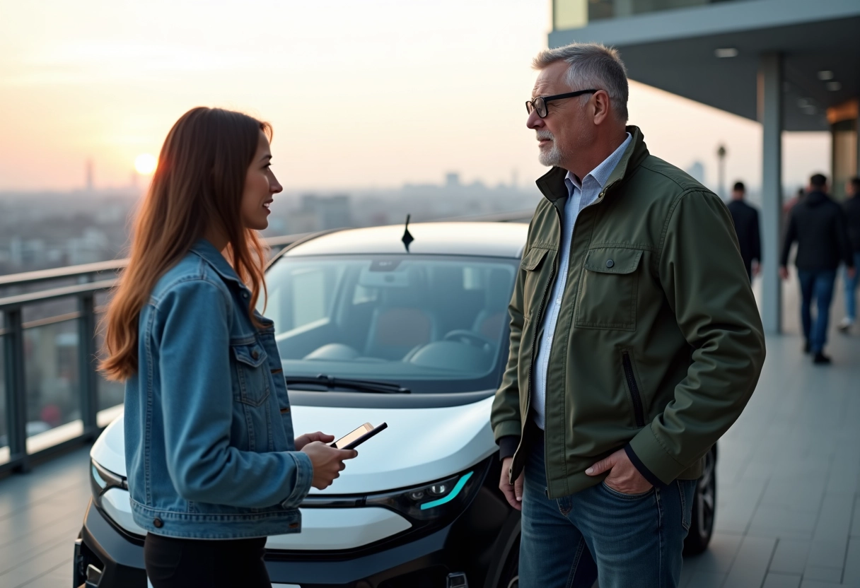 Homme et femme discutant devant une voiture électrique urbaine