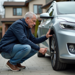 Homme d'âge moyen inspectant une voiture électrique dans la cour