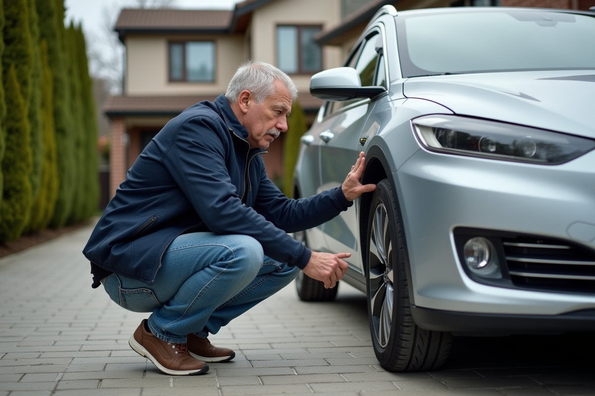 Homme d'âge moyen inspectant une voiture électrique dans la cour