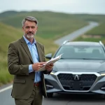 Homme d'âge moyen près d'une voiture en campagne