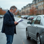 Homme d'âge moyen près d'une voiture endommagée en parking