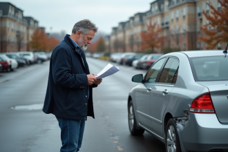 Homme d'âge moyen près d'une voiture endommagée en parking