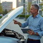 Homme d'affaires devant une voiture avec diagramme sur tablette