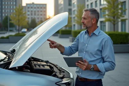 Homme d'affaires devant une voiture avec diagramme sur tablette