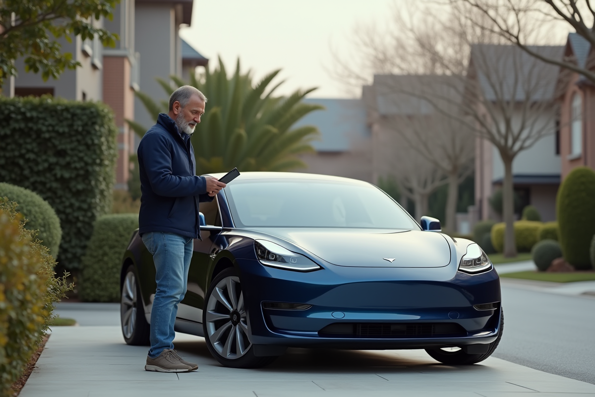 Homme devant une voiture électrique dans un quartier résidentiel