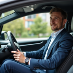 Homme souriant dans une voiture électrique moderne en ville