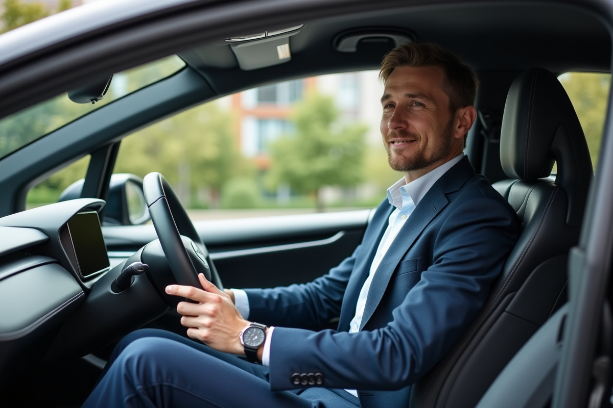 Homme souriant dans une voiture électrique moderne en ville