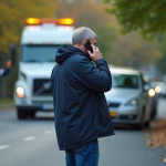 Homme en veste navy parlant au téléphone à côté de sa voiture en panne