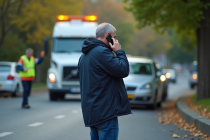 Homme en veste navy parlant au téléphone à côté de sa voiture en panne