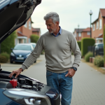 Homme d'âge moyen examine le capot de sa voiture en extérieur