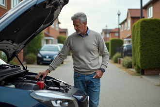 Homme d'âge moyen examine le capot de sa voiture en extérieur