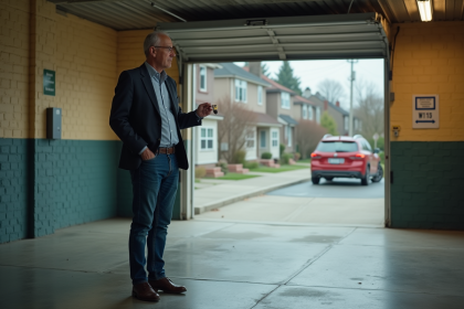 Homme d'âge moyen dans un garage résidentiel vide