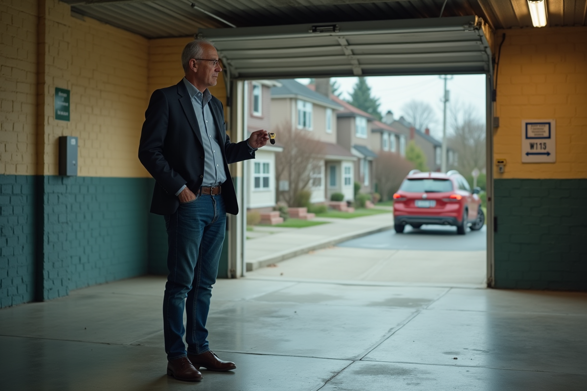 Homme d'âge moyen dans un garage résidentiel vide