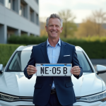 Homme d'âge moyen avec plaque luxembourgeoise et voiture blanche